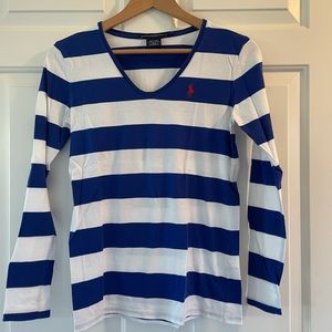 Blue and white striped Ralph Lauren V neck